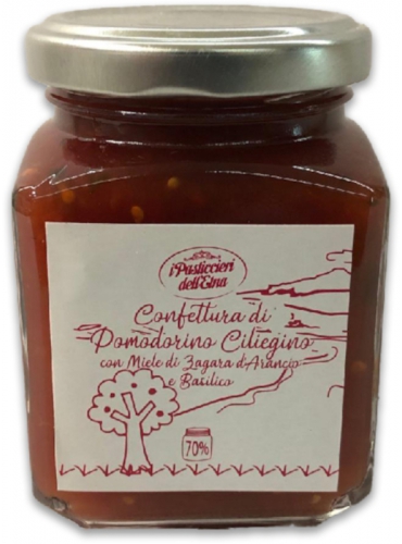 Confettura di pomodoro ciliegino con miele di zagara di arancio e basilico 250 g