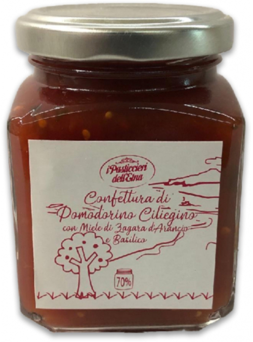 Confettura di pomodoro ciliegino con miele di zagara di arancio e basilico 250 g